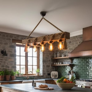 Wooden Farmhouse Beam Light Fixture, Rustic Wood Chandelier For Dining Room and Vintage Kitchen Island, Billiard, Bar