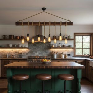 May include: A kitchen island with a dark wood countertop and a green base, accompanied by three stools with brown circular seats and black metal bases. Above the island hangs a rectangular wooden beam light fixture with ten hanging bulbs.