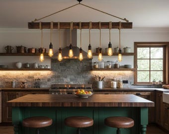 Wooden Farmhouse Light Fixture For Kitchen Island, Rustic Pendant Chandelier For Dining Room, Modern Ceiling Lamp For Billard, Bar