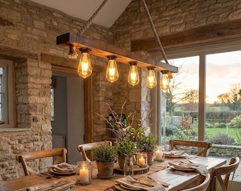 Rustic Wooden Beam Chandelier for Dining Room, Farmhouse Kitchen Island Light, Vintage Rope Pendant Lighting, Country Ceiling Fixture