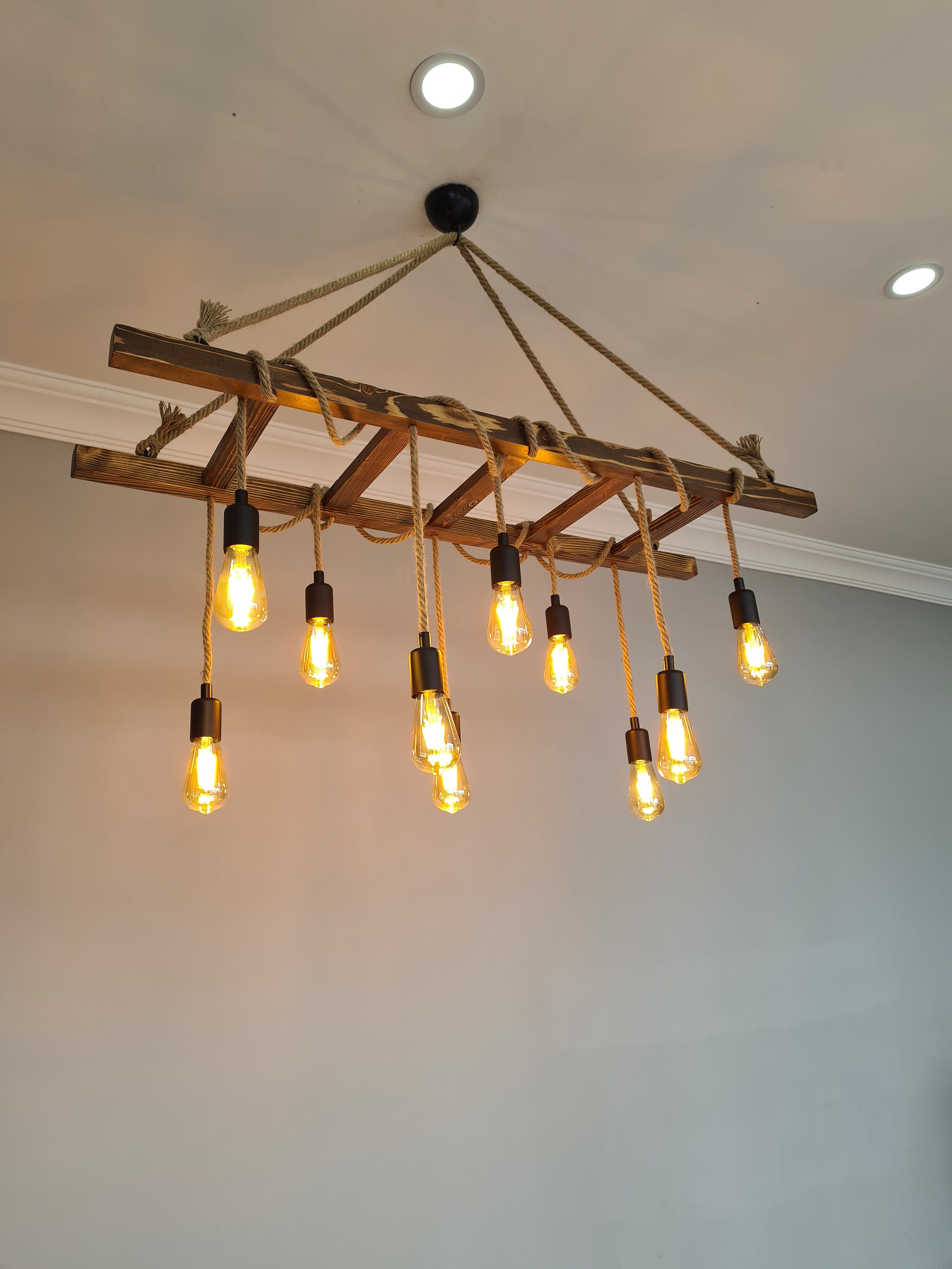 Farmhouse Wooden Ladder Pendant Chandelier, Rustic Wood Light Fixure ...