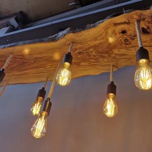 Lampa z drewna oliwnego z żywą krawędzią do wyspy kuchennej, rustykalny, unikatowy uchwyt PC do stołu jadalnego, lampa sufitowa w stylu rustykalnym do roślin zdjęcie 9