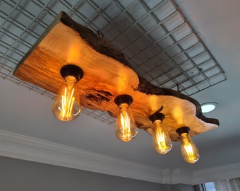 Live Edge Olive Wood Slab Pendant Chandelier, Rustic Lighting Fixture  For Dining Room, Farmhouse Ceiling Light For Kitchen Island, Billard