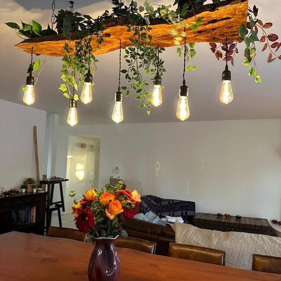 Olive Wood Pendant Light Fixture For Kitchen Island ,  Rustic Unique Pendant Ceiling Light For Dining Table, Farmhouse Chandelier For Plant