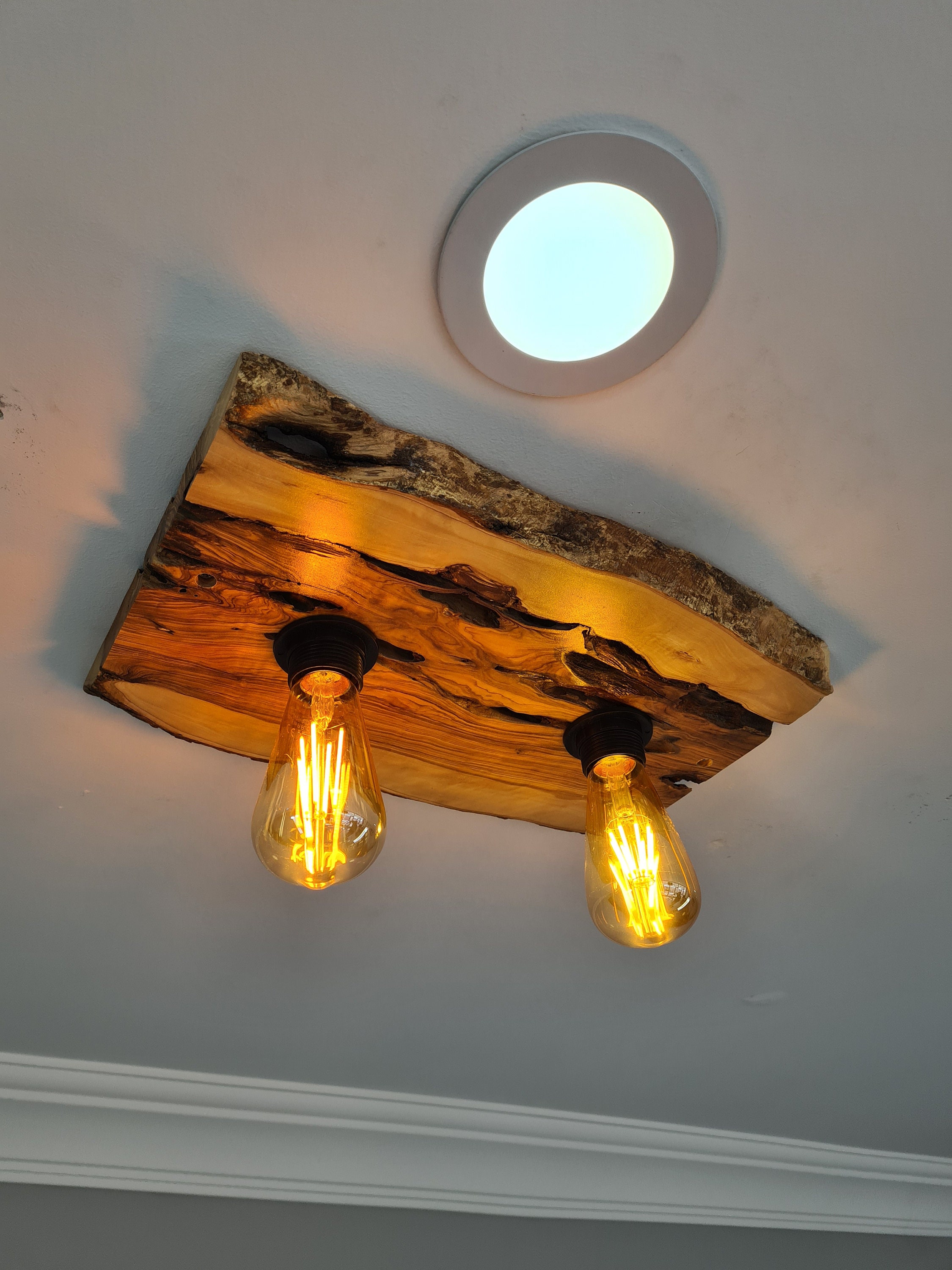 Olive Wood Light Fİxture for Low Ceil , Farmhouse Chandelier for