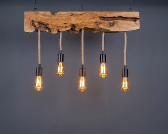 Lámpara colgante rústica de borde natural para isla de cocina vintage, lámpara de araña de madera de olivo para comedor