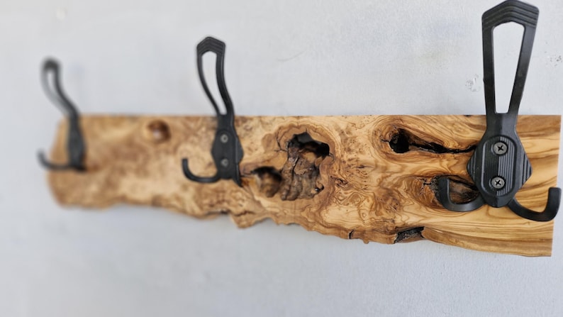 Live Edge Olive Wood Coat Rack, Rustic Wooden Coat Hanger, Farmhouse Wall Mounted Coat Rack, Unique Natural Gift image 12