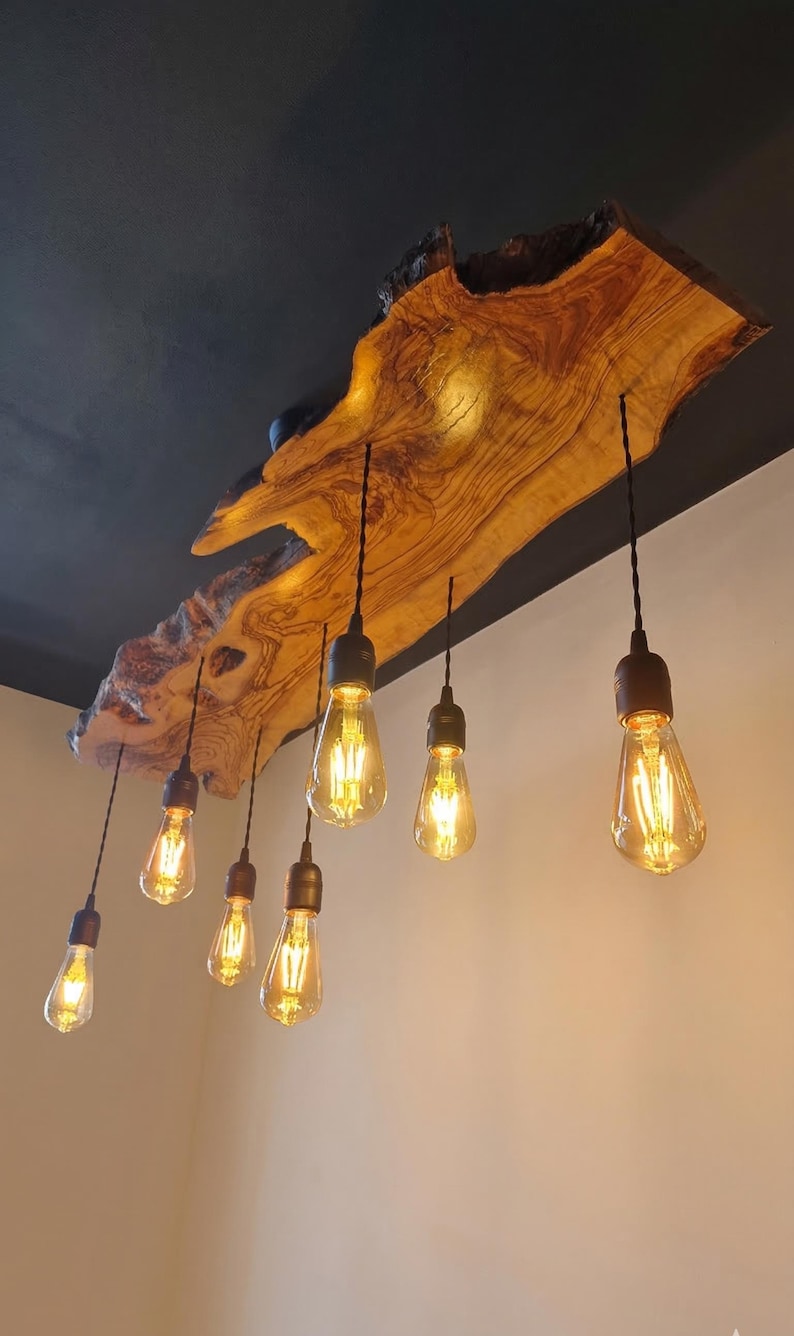 Olive Wood Pendant Light Fixture For Kitchen Island , Rustic Unique Pendant Ceiling Light For Dining Table, Farmhouse Chandelier For Plant image 4