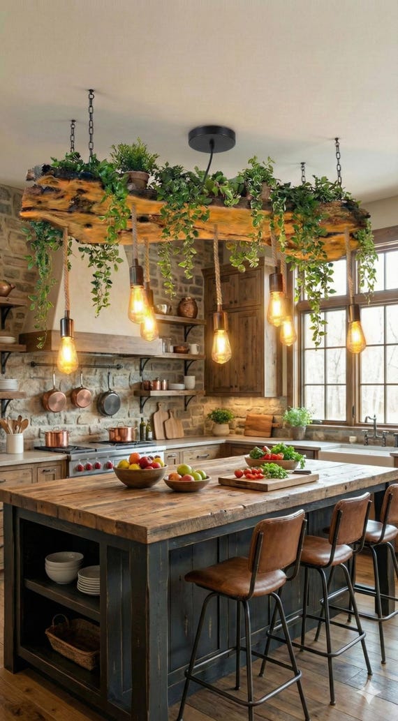 Live Edge Olive Wood Light Fixture For Kitchen Island, Rustic Unique PChandelier For Dining Table, Farmhouse Ceiling Light For Plant