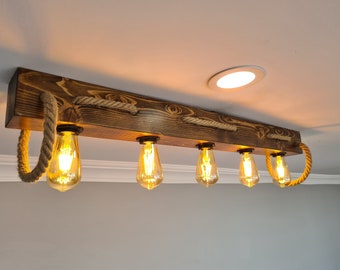 Flush Mount Farmhouse  Wooden Beam Light Fixtuture,  Rustic Wood Chandelier for Dining Rom and Vintage Kitchen Island