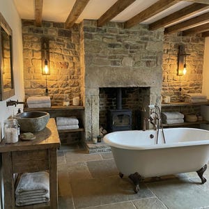 May include: A bathroom featuring a white clawfoot bathtub with bronze fixtures, a stone vessel sink on a wooden vanity, and a wood-burning stove set within a large stone fireplace. The room includes exposed wooden ceiling beams and stone flooring.