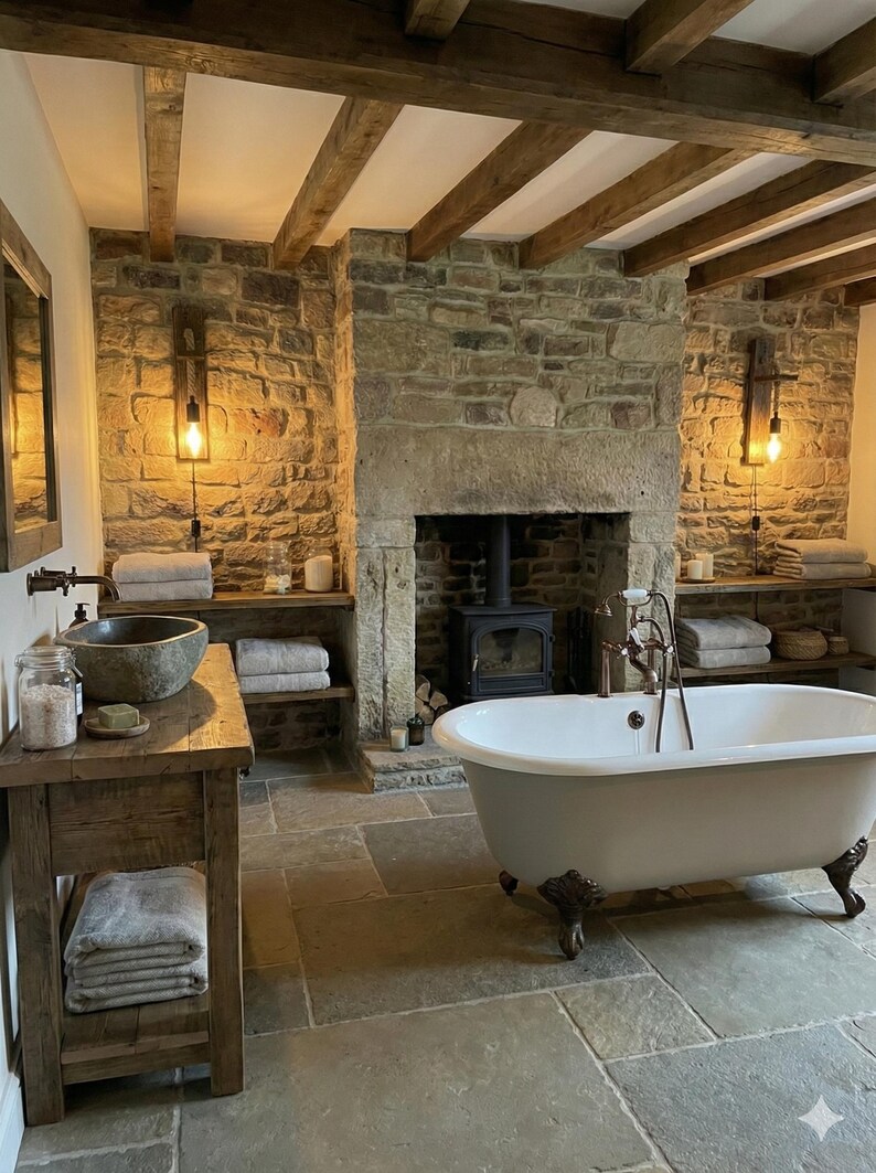 May include: A bathroom featuring a white clawfoot bathtub with bronze fixtures, a stone vessel sink on a wooden vanity, and a wood-burning stove set within a large stone fireplace. The room includes exposed wooden ceiling beams and stone flooring.
