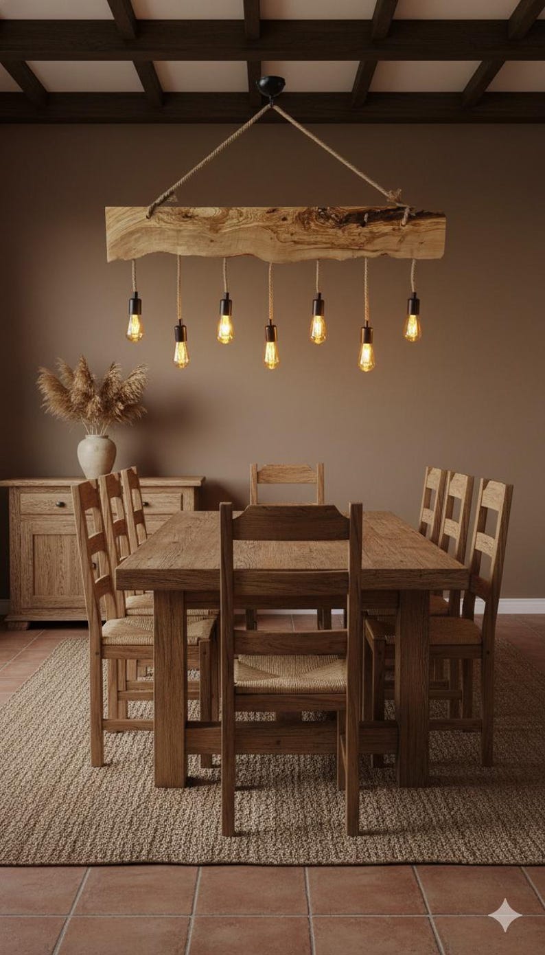 May include: A rustic dining room set featuring a wooden table and chairs with woven seats. Above the table hangs a unique light fixture made from a wooden beam with exposed light bulbs. The room has a warm, inviting atmosphere with neutral tones.