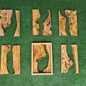 May include: Assortment of eight wood pieces with natural wood grain and unique shapes. The pieces are arranged on a green surface.
