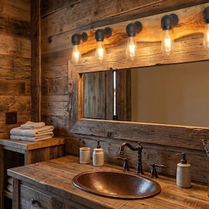 Può includere: Una lampada da bagno con cinque lampadine in stile Edison montate su un pezzo orizzontale di legno naturale con bordo vivo e raccordi per tubi industriali neri, posizionata sopra uno specchio rettangolare con cornice in legno rustico.