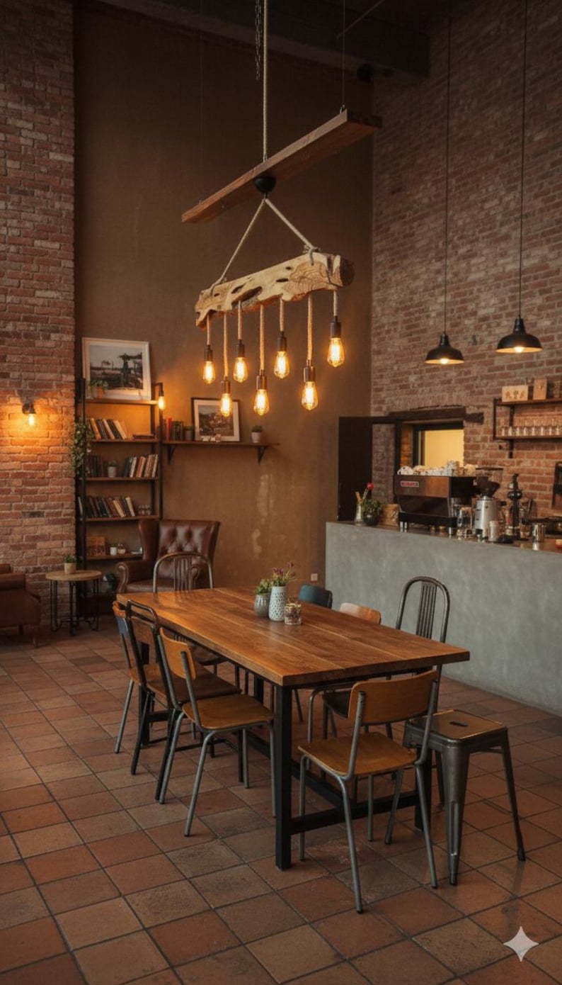 May include: Interior shot of a cafe with a long wooden table and chairs. A rustic light fixture hangs above the table, with exposed light bulbs. The walls are brick, and there is a coffee bar in the background.