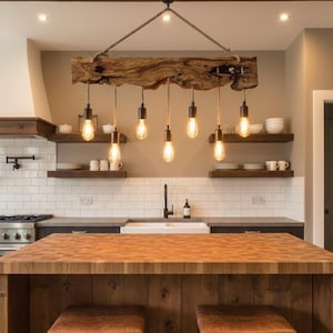 Live Edge Olive Wood  Light Fixture For Kitchen Island, Farmhouse Wooden Chandelier For Dining Room, Rustic Ceiling Light For Dining Table