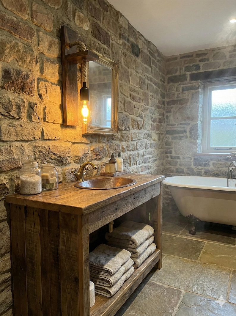 May include: A rustic wooden bathroom vanity featuring a copper sink, a brass faucet, and a lower shelf holding folded towels. Above the vanity, a wall-mounted light fixture with a rope cord and an Edison bulb hangs next to a rectangular mirror.