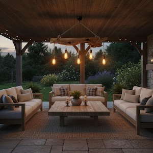 May include: Outdoor patio setting with wooden furniture, including sofas and a coffee table. A stone fireplace and hanging light fixtures create a cozy ambiance. The scene is set in a garden with lush greenery.