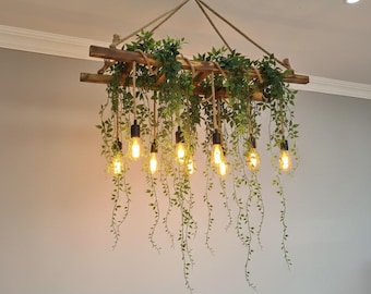 Rustic Wooden Ladder Chandelier For Kitchen Island, Farmhouse Dining Light Fixture