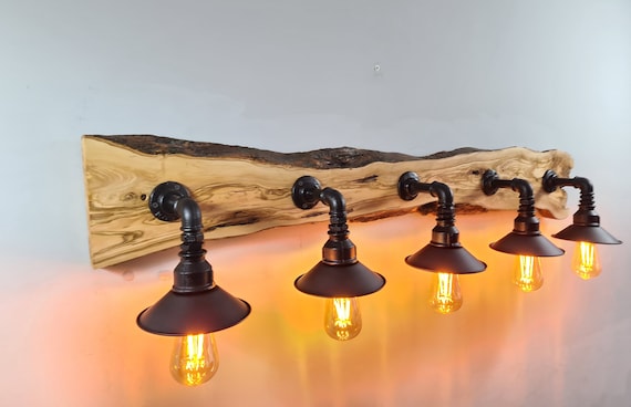 Olive Wood Farmhouse  Bathroom Vanity Lighting,  Live Edge Wooden Wall Sconce, Industrial  Wall Lamp for Pool Bar