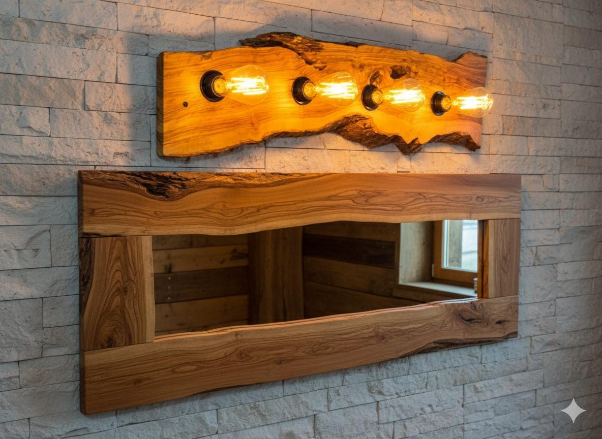 Live Edge Olive Wood Farmhouse Bathroom Vanity Lamp, Rustic Wooden