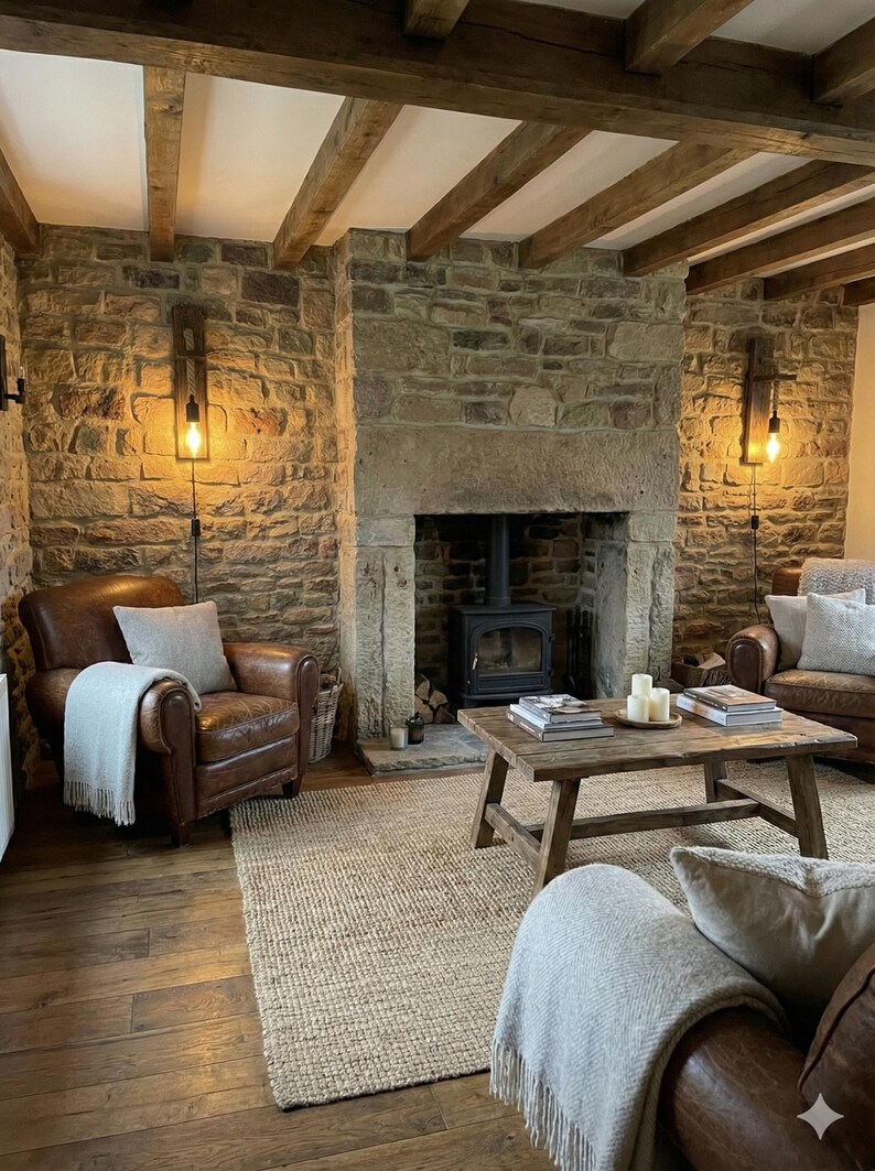 May include: A living room featuring a stone fireplace with a black wood-burning stove, two brown leather armchairs with light gray throw blankets, a wooden coffee table with books and candles, and a large woven rug on a wooden floor.
