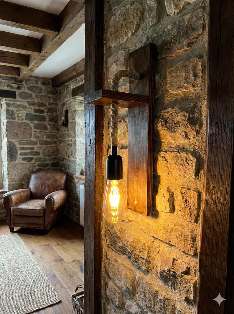 May include: A wall-mounted light fixture featuring a dark brown wooden backplate and a small horizontal shelf. A thick, natural-colored rope hangs from the shelf, supporting a black socket with a glowing, teardrop-shaped Edison-style light bulb.