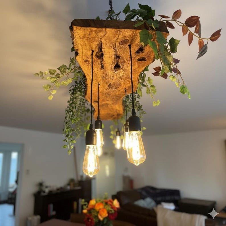Olive Wood Pendant Light Fixture For Kitchen Island , Rustic Unique Pendant Ceiling Light For Dining Table, Farmhouse Chandelier For Plant image 3