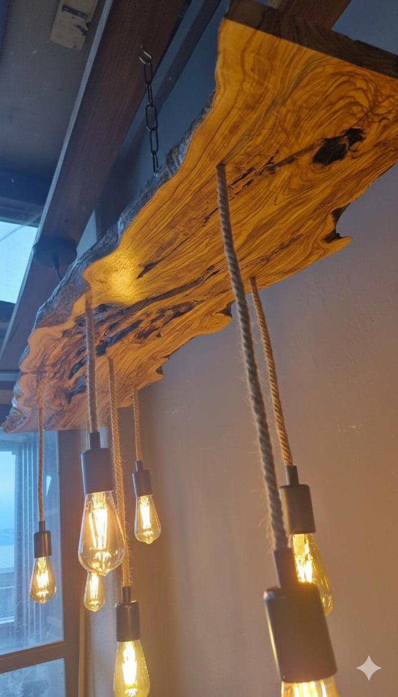 Lampa z drewna oliwnego z żywą krawędzią do wyspy kuchennej, rustykalny, unikatowy uchwyt PC do stołu jadalnego, lampa sufitowa w stylu rustykalnym do roślin zdjęcie 10
