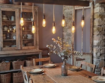 Rustic Wooden Beam Chandelier, Farmhouse Kitchen Island Pendant Light