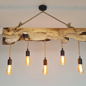 Live Edge Olive Wood Light Fixture For Kitchen Island, Farmhouse Wooden Chandelier For Dining Room, Rustic Ceiling Light For Dining Table image 3