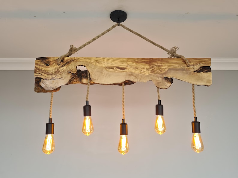 Live Edge Olive Wood Light Fixture For Kitchen Island, Farmhouse Wooden Chandelier For Dining Room, Rustic Ceiling Light For Dining Table image 3