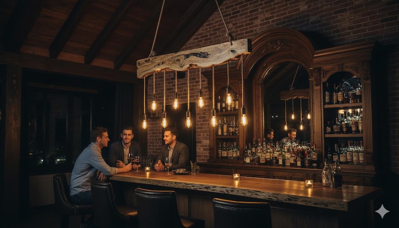 May include: A dimly lit bar with a rustic wooden countertop and a large wooden beam light fixture. Several Edison-style bulbs hang from the beam. Three people are seated at the bar, and a large mirror and shelves of liquor bottles are visible.