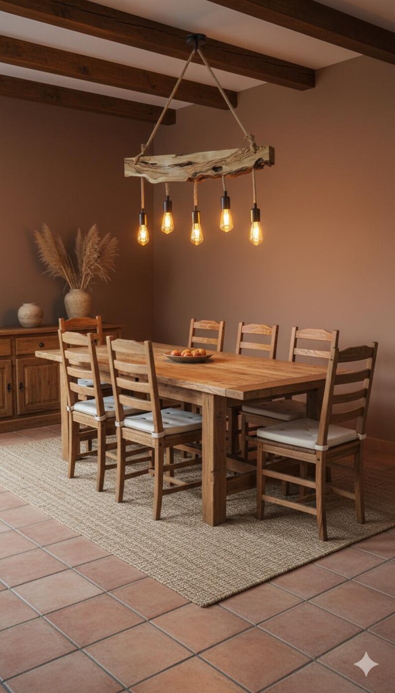 May include: A rustic dining room set with a large wooden table and six matching chairs. A unique light fixture hangs above the table, featuring exposed light bulbs suspended from a wooden beam. The room has a warm, inviting atmosphere with a neutral color palette.