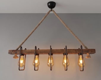 Farmhouse  Wooden Beam Light Fixture for Dining Room, Rustic Kitchen Island Light, Vintage Rope Pendant Lighting, Steampunk Ceililing Light