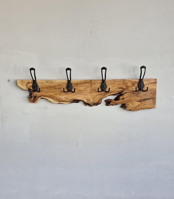 Live Edge Olive Wood Coat Rack, Rustic Wooden  Coat Hanger, Farmhouse Wall Mounted Coat Rack, Unique Natural Gift