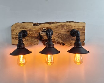 Live Edge Olive Wood Vanity Light, Rustic Wooden Wall Lamp, Industrial Steampunk Sconce