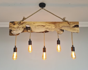 Farmhouse Olive Wood  Chandelier, Rustic Wooden Live Edge Light Fixture For Kitchen Island, Ceiling Light For Dining Table and Basement