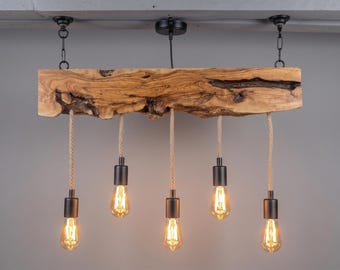 Live Edge Rustic Pendant Light Fixture For Vintage Kitchen Island,  Olive Wood Chandelier For Dining Room