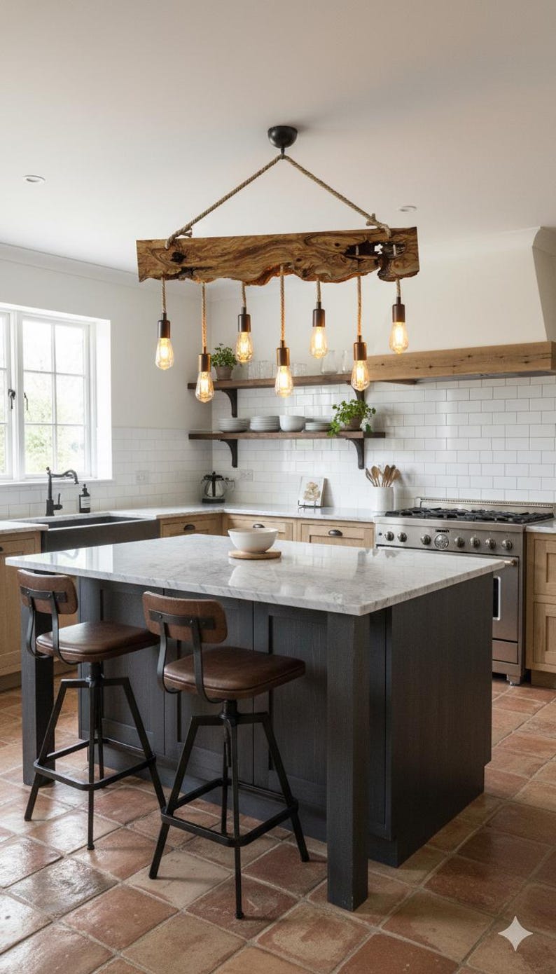 May include: A kitchen with a marble-topped island and a rustic wooden light fixture. The island has two brown leather and metal bar stools. The kitchen features white subway tile, wooden cabinets, and a stainless steel stove.