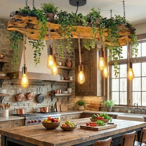 Live Edge Olive Wood Light Fixture For Kitchen Island, Rustic Unique PChandelier For Dining Table, Farmhouse Ceiling Light For Plant