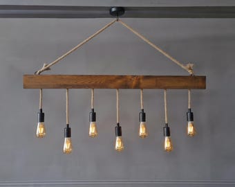 Rustic Wooden Beam Pendant Light Fixture For Kitchen Island, Farmhouse Chandelier For Dining Room