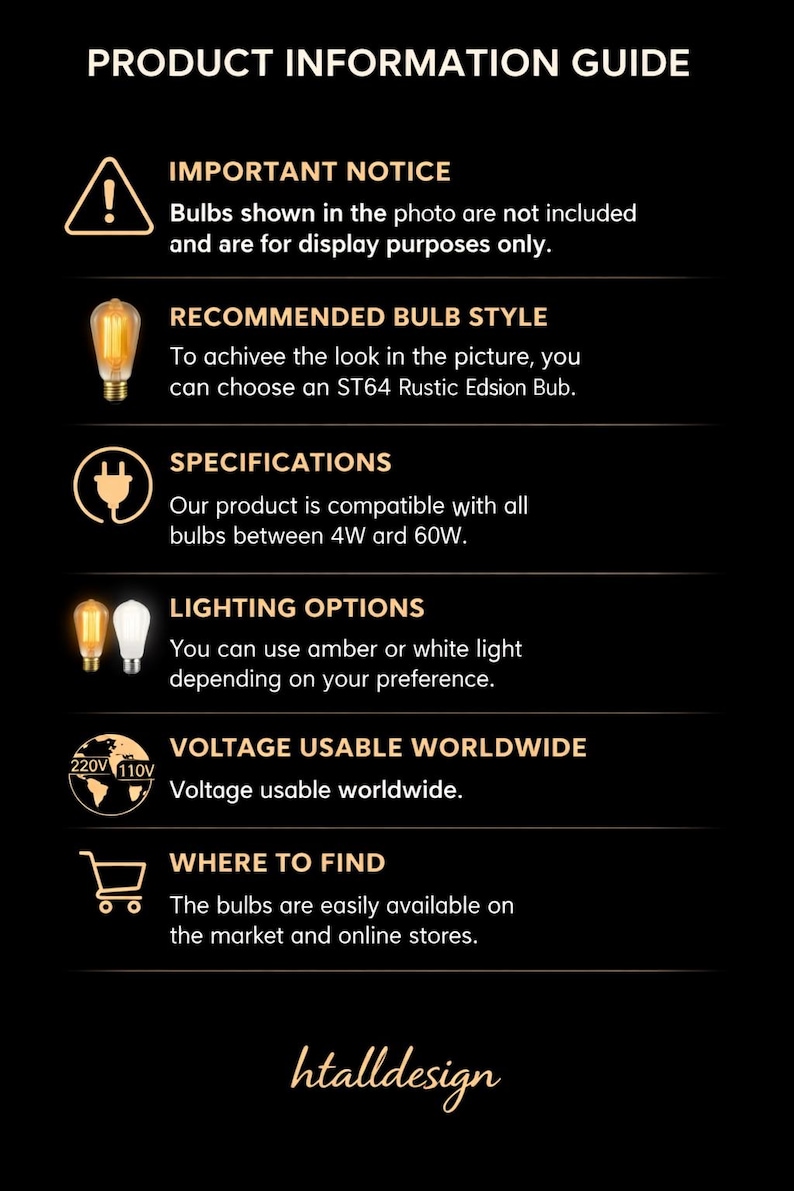 May include: A black product information guide with white and orange text and icons. It states bulbs are not included, recommends ST64 Rustic Edison bulbs, specifies compatibility with 4W to 60W bulbs, notes amber or white light options, and confirms worldwide voltage usage.