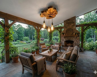 Live Edge Round Olive Wood Lighting Fixture For Dining Table and Kitchen Island, Rustic Ceiling Light For Dining Room, Farmhouse Chandelier