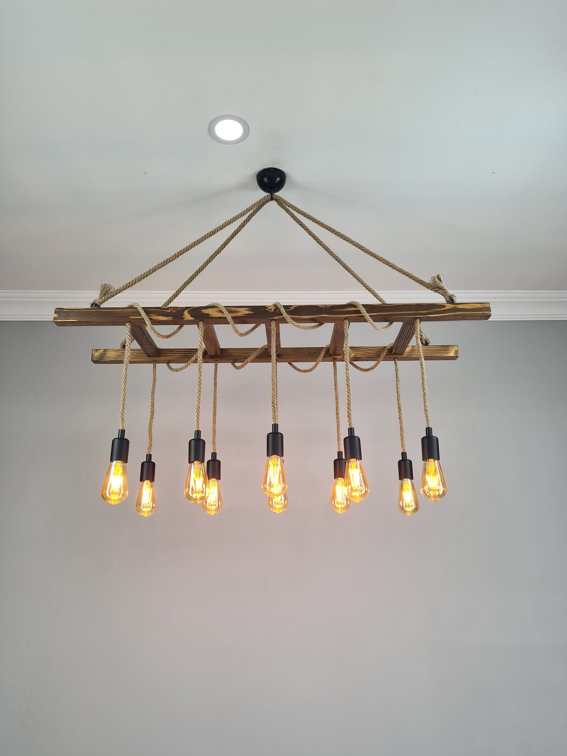Farmhouse Wooden Ladder Pendant Chandelier Rustic Wood Light