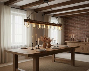 Lámpara colgante grande de madera estilo granja para techos altos, accesorio de iluminación rústico para cocinas vintage, comedores e islas.
