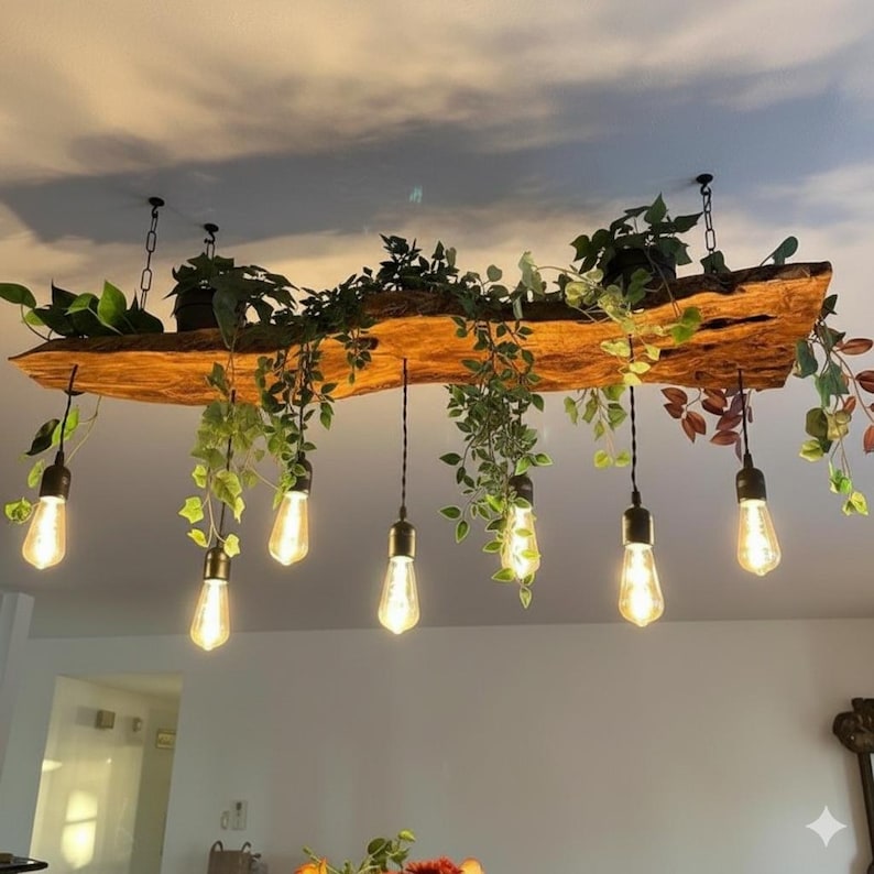 Olive Wood Pendant Light Fixture For Kitchen Island , Rustic Unique Pendant Ceiling Light For Dining Table, Farmhouse Chandelier For Plant image 11