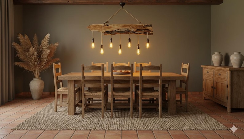 May include: A rustic dining room set with a large wooden table and matching chairs. A unique light fixture hangs above the table, and a large vase with dried plants sits in the corner. The room has a warm, inviting atmosphere.