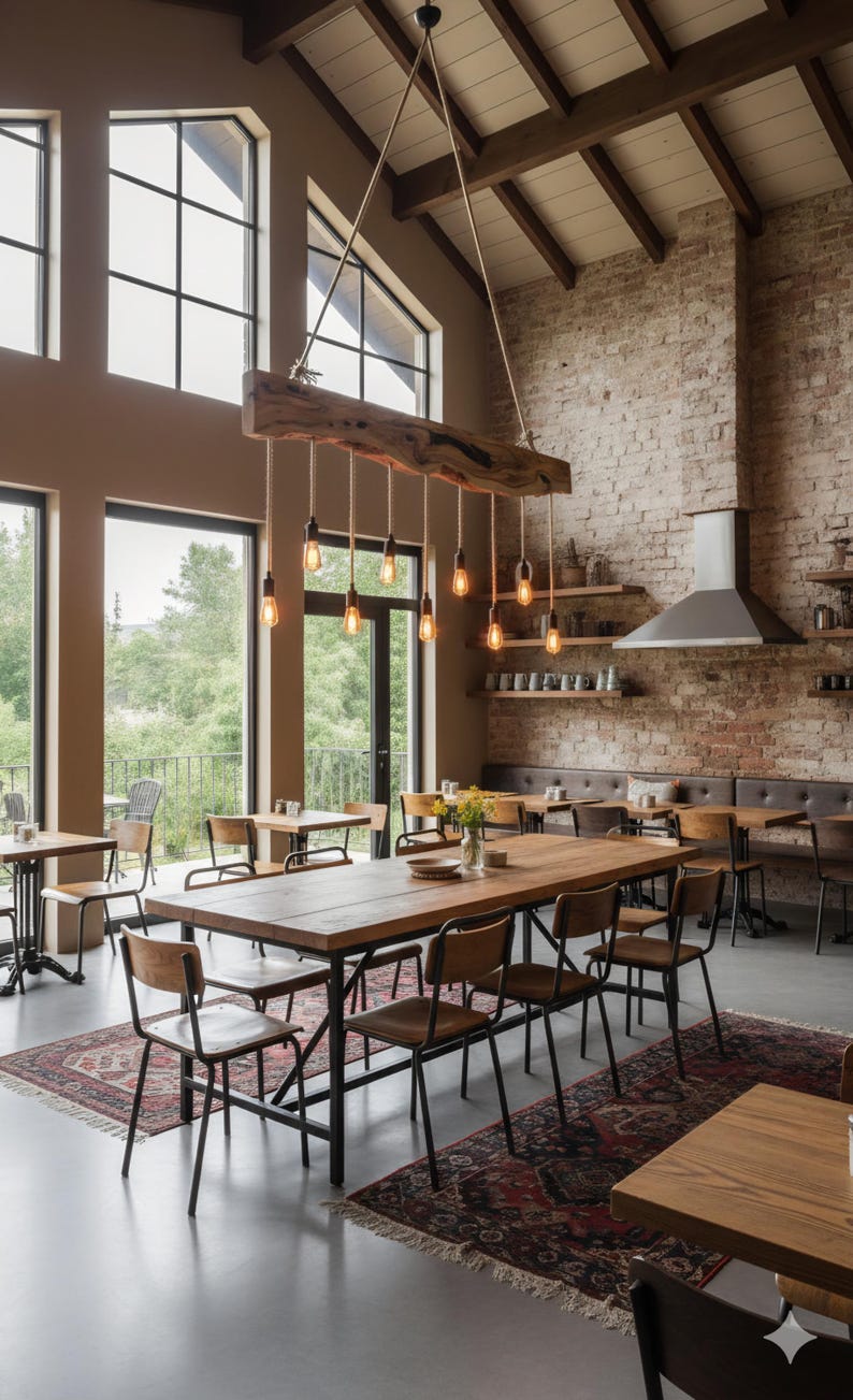 May include: Interior shot of a rustic dining area with a large wooden table and chairs. A unique light fixture made from a wooden beam hangs above. The room features exposed brick walls, large windows, and patterned rugs.